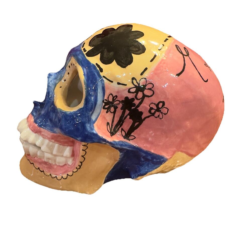 Vintage Hand Painted Skull Signed By Artist Maggie 2012, Color Block, Floral,